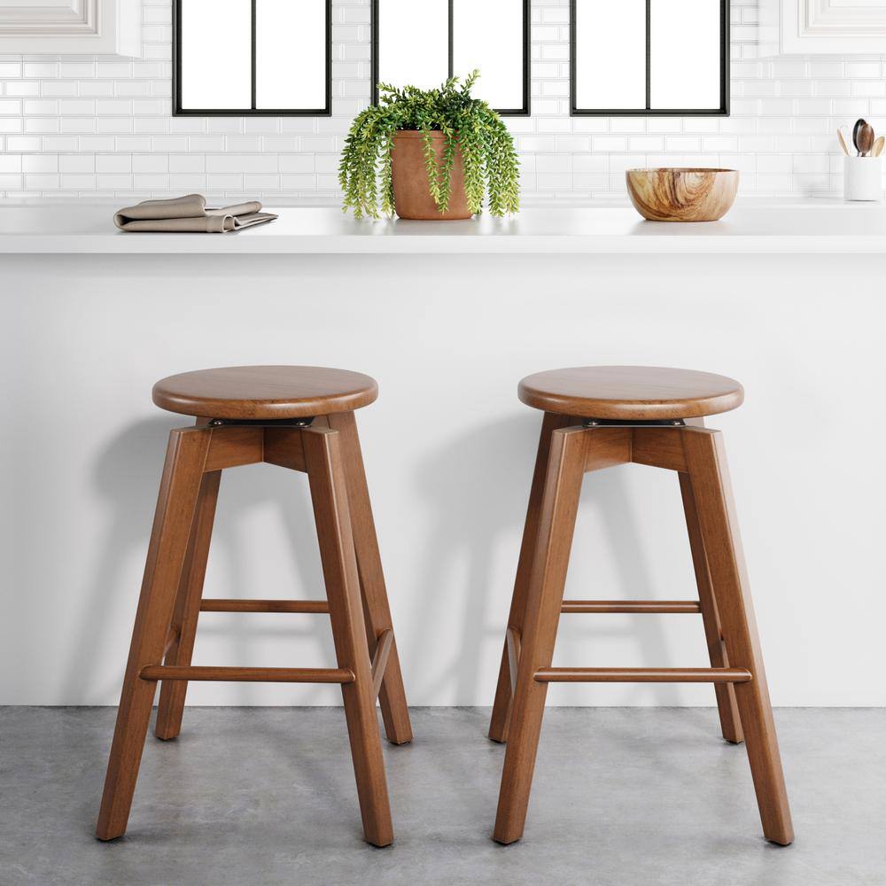 Nathan James Amalia 25 in. Antique Coffee or Brown Backless Counter Height 360 Swivel Seat Solid Wood Kitchen Bar Stool 23301