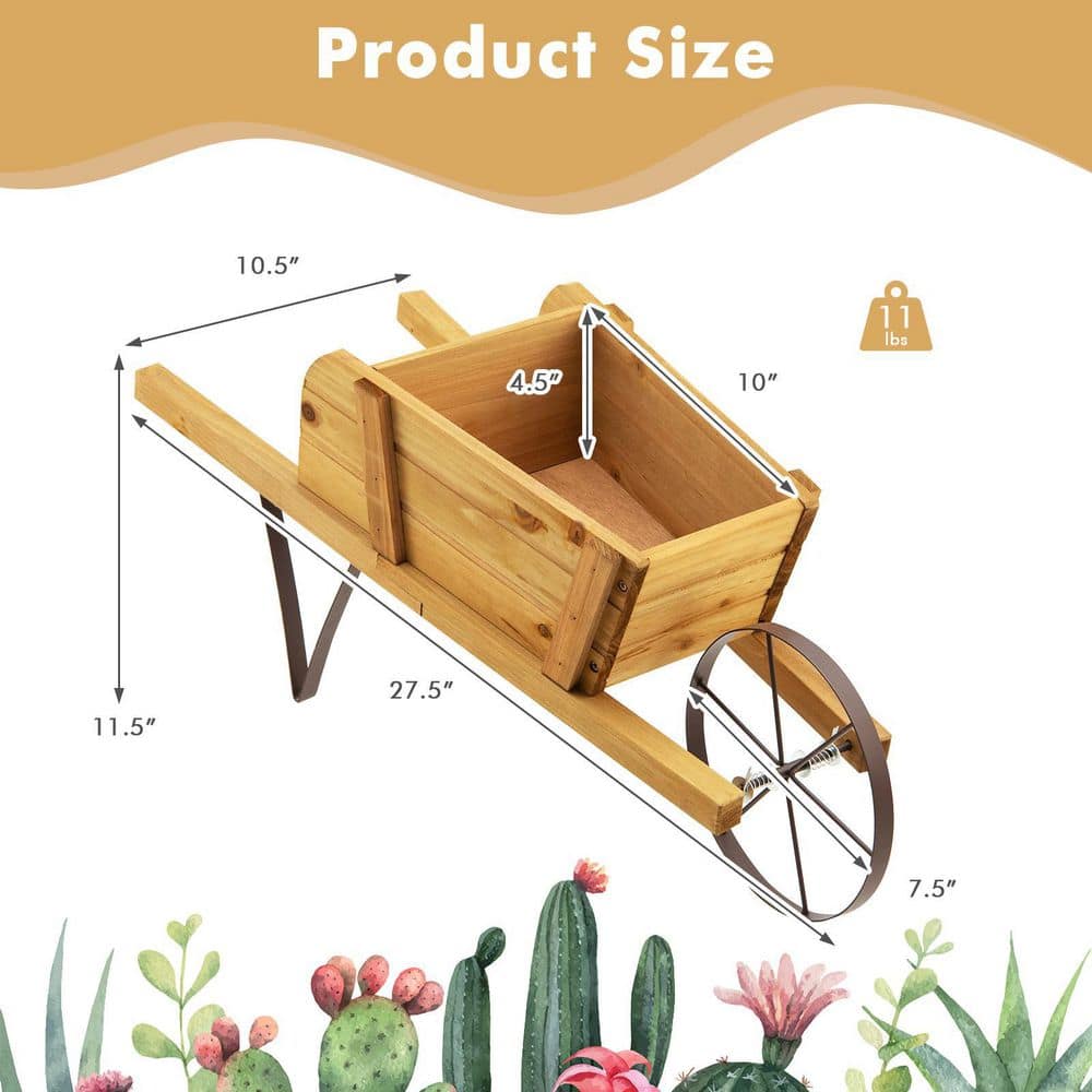 HONEY JOY Walnut Flower Pot Wheelbarrow Planter Solid Pine Wood Wagon Planter TOPB006449