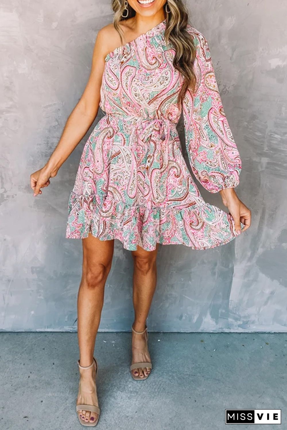 Pink Paisley Print One Shoulder Lace-up High Waist Mini Dress