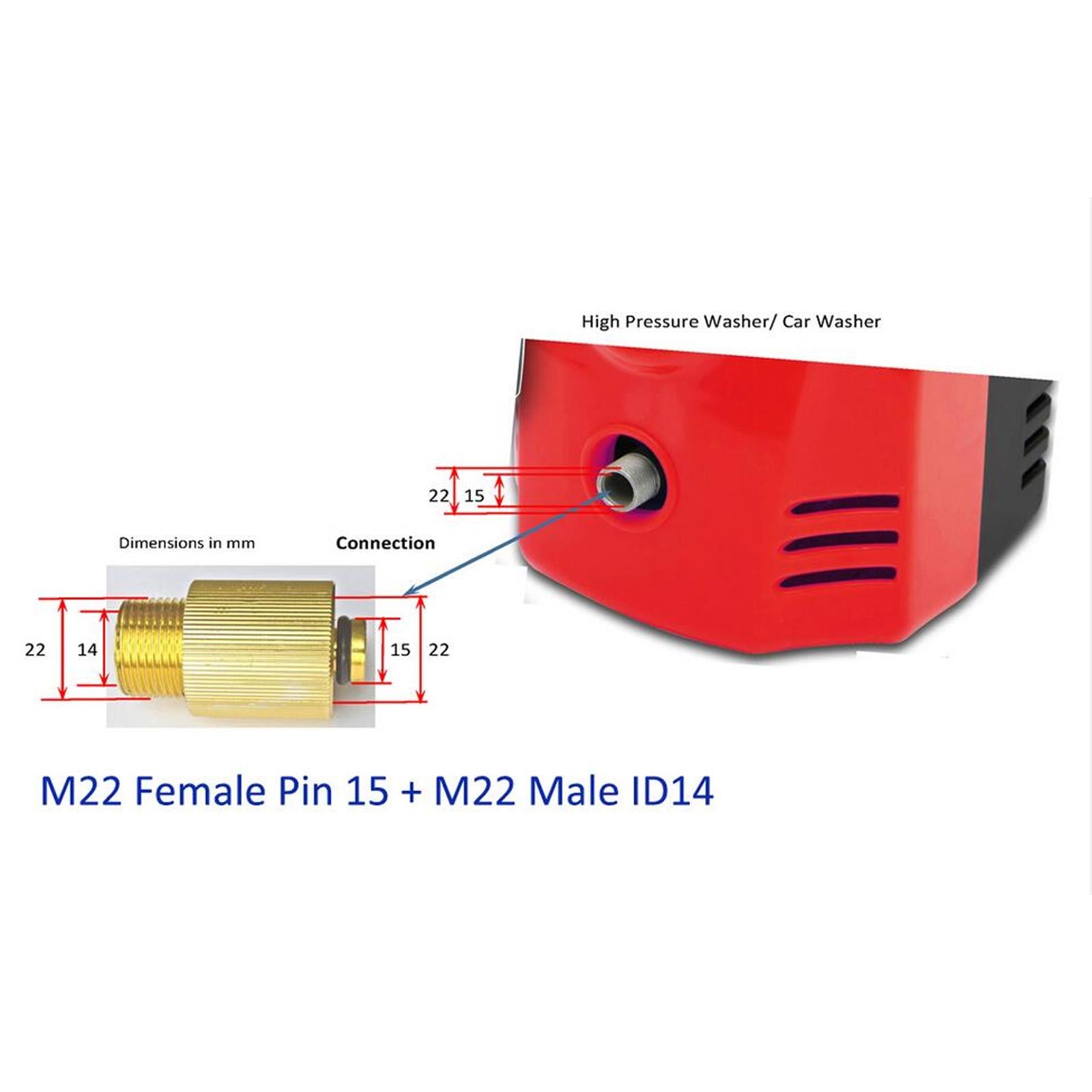 High Pressure Washer Water Outlet Connector Converting M22 - ID 14 to M22 15 14