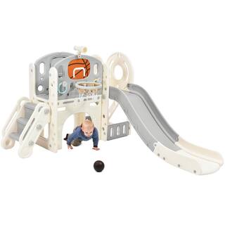 7-In-1 Gray HDPE Playhouse with Slide Arch Tunnel Ring Toss and Basketball Hoop LN20232351