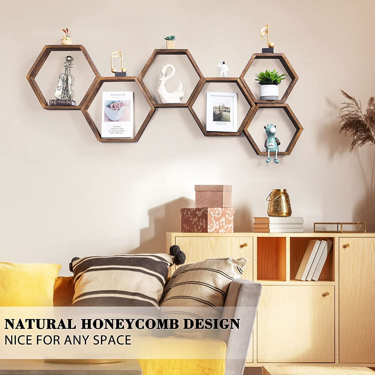 Hexagon Floating Shelves Set of 6 Honeycomb Shelves for Wall, Brown