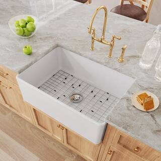 HOROW White Fireclay 30 in. x 20 in. Single Bowl Farmhouse Apron Front Kitchen Sink with Bottom Grid and Strainer HR-F3020