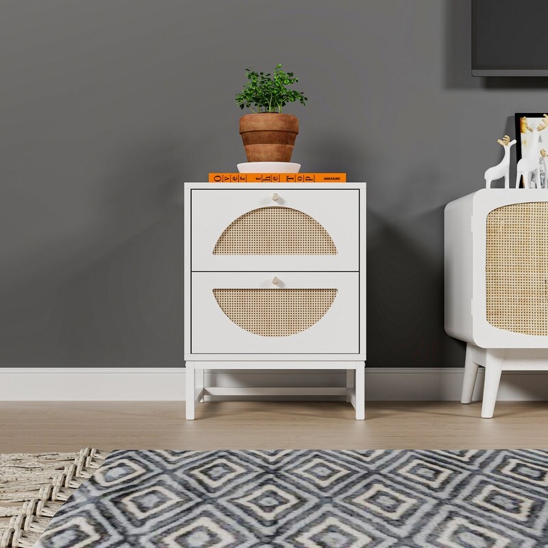 Rattan Design Nightstand with 2 Drawers (Set of 2)