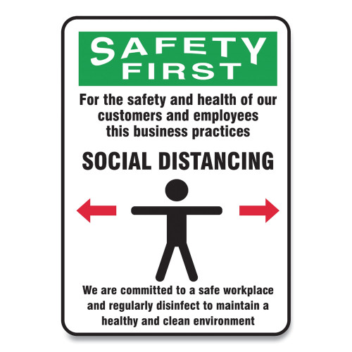 Accuform Social Distance Signs， Wall， 7 x 10， Customers and Employees Distancing Clean Environment， Humans/Arrows， Green/White， 10/PK (MGNG909VPESP)