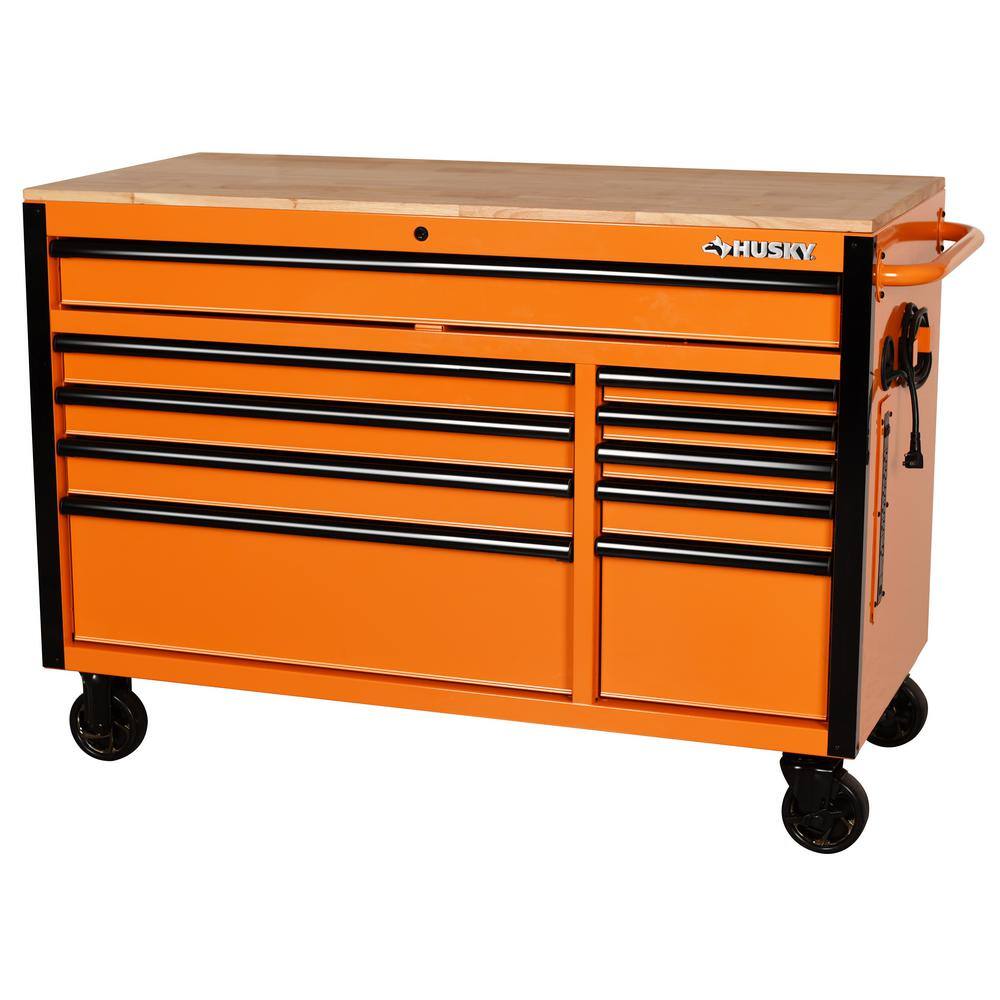 Husky 52 in. W x 24.5 in. D Standard Duty 10-Drawer Mobile Workbench Tool Chest with Solid Wood Work Top in Gloss Orange H52MWC10ORG