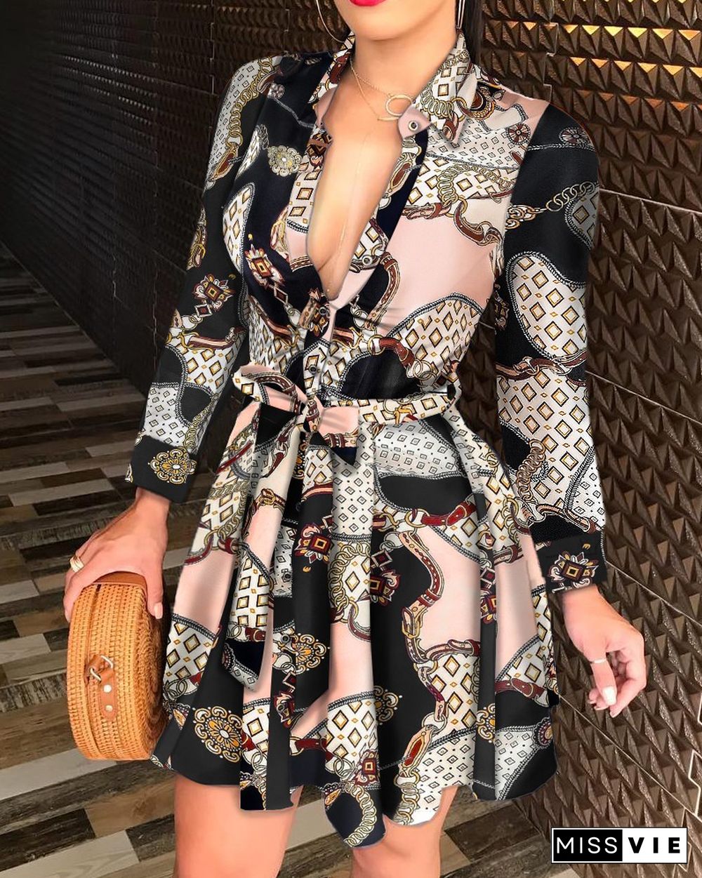 Scarf Chain Print Buttoned Long Sleeve Shirt Dress