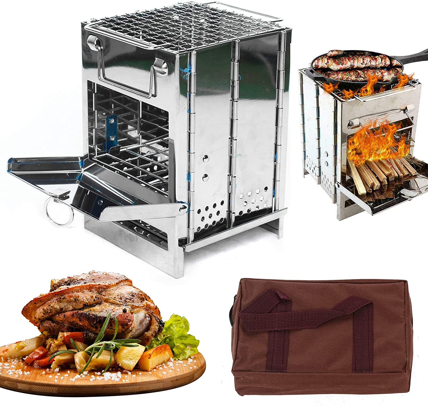 TFCFL BBQ Grill/Outdoor Camping Picnic/Stainless Steel Square Foldable Wood Stove