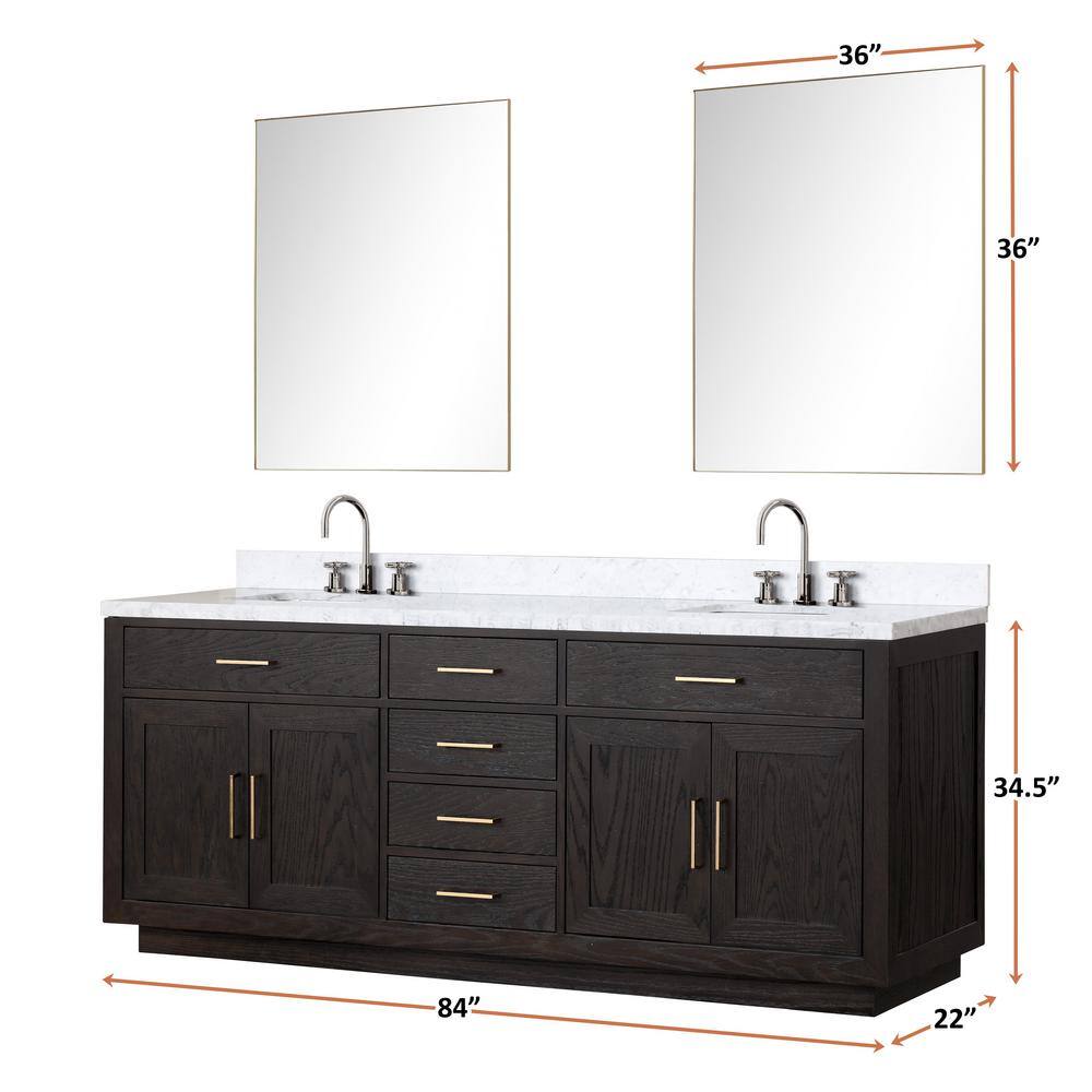 Lexora Condor 84 in W x 22 in D Black Oak Double Bath Vanity Carrara Marble Top and 36 in Mirrors LVCO84DJ110