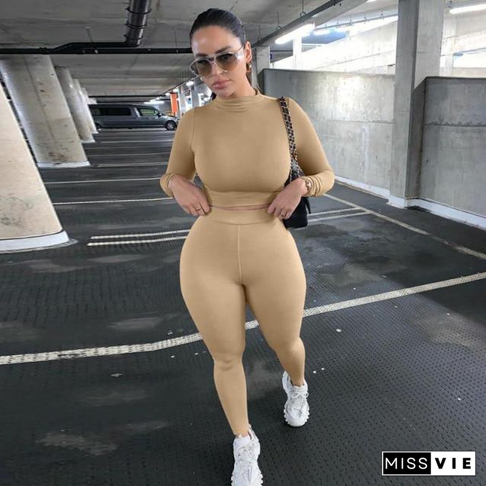 2 Piece Sets Sport Suit Celebrity Women  Long Sleeve Crop Tops High Waist Leggings Pants Workout Seamless Clothes Tracksuit