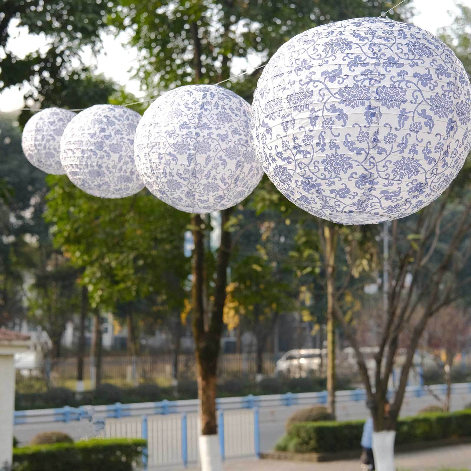 Set of 8 White Light Blue Hanging Paper Lanterns in French Toile Floral Pattern, Chinese Festival Lanterns - 6