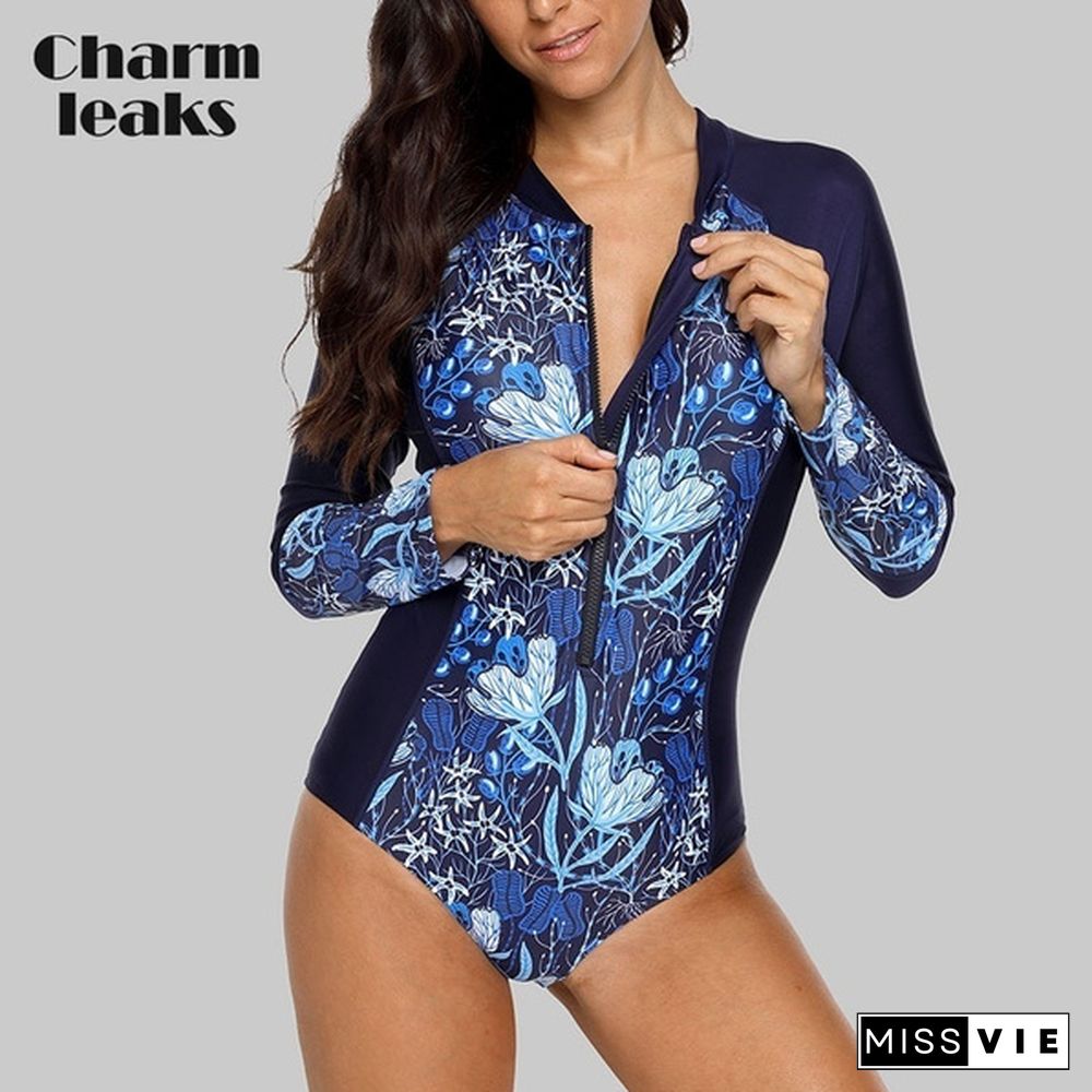 Charmleaks Women Long Sleeve Rashguard One-piece Swimsuit Swimwear Surfing Top Rash Guard UPF50+ Running Biking Shirt Plus Size