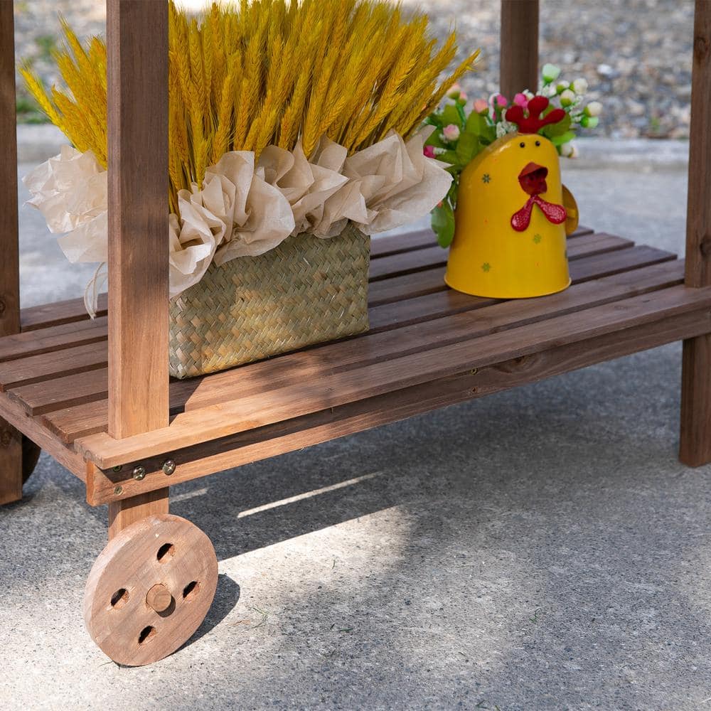 Zeus  Ruta 36.25 in. W x 46.75 in. H Brown Outdoor Garden Potting Bench Table Work with 2 Removable Wheels Sink and Drawer YJ-132
