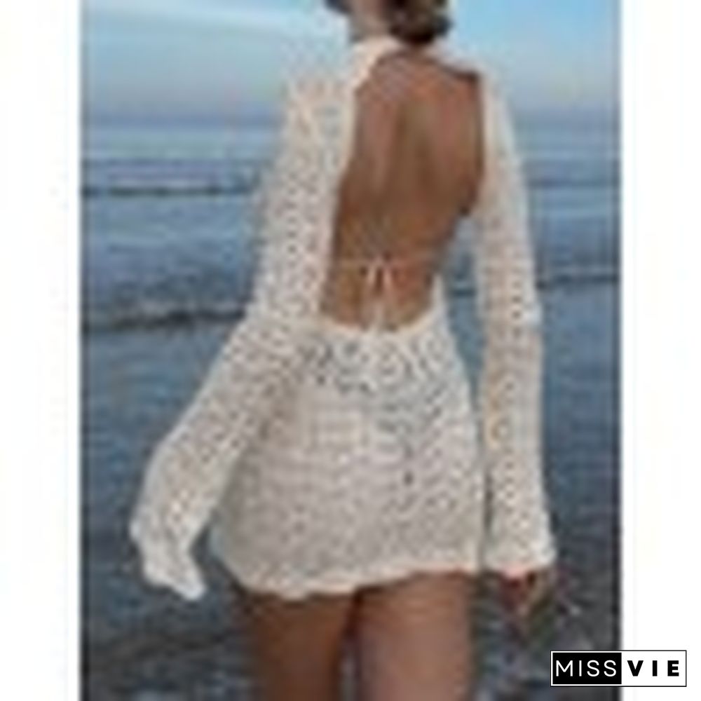 Crochet Hollow Backless Long Sleeve Mini Dress