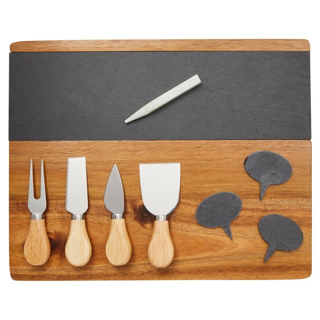 Juvale 9 Pieces Wooden Cheese Charcuterie Board With Slate Inlay 4 piece Knife Set 3 Signs 14 X 11 Inches