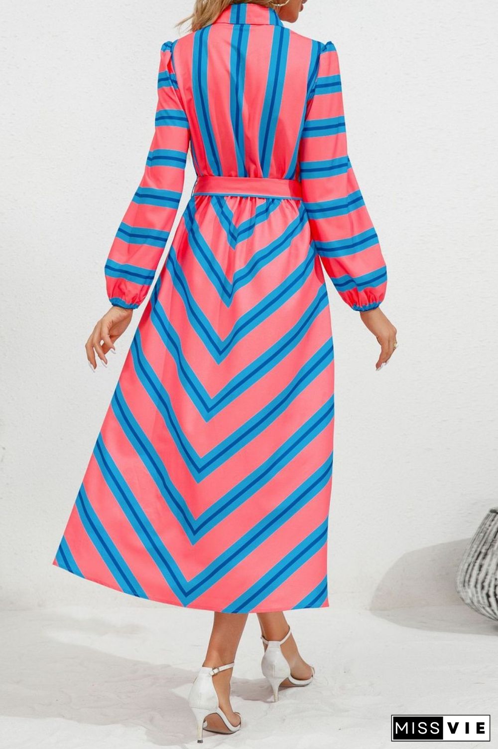 Blue Casual Striped Print Patchwork Turndown Collar Shirt Dress Dresses