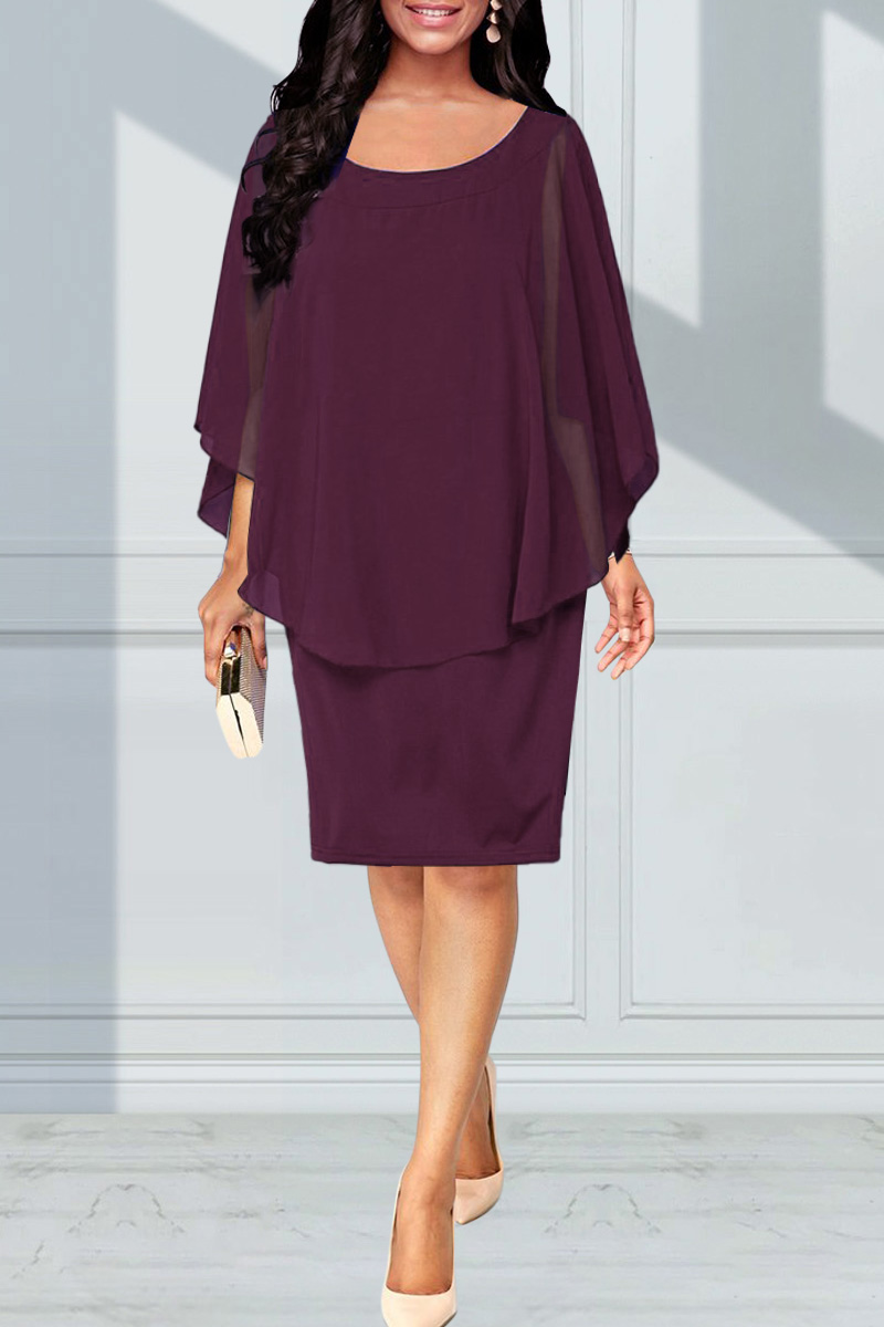 Plus Size Cape Sleeve Elegant Solid Midi Dress