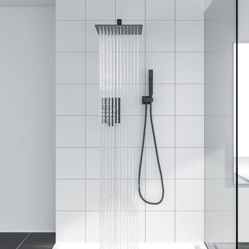 LORDEAR 2-Spray Patterns 12 in. Square Wall Mounted Luxury Rain Mixer Shower Combo Set Rainfall Dual Shower Heads in Black H-SLF16006-B