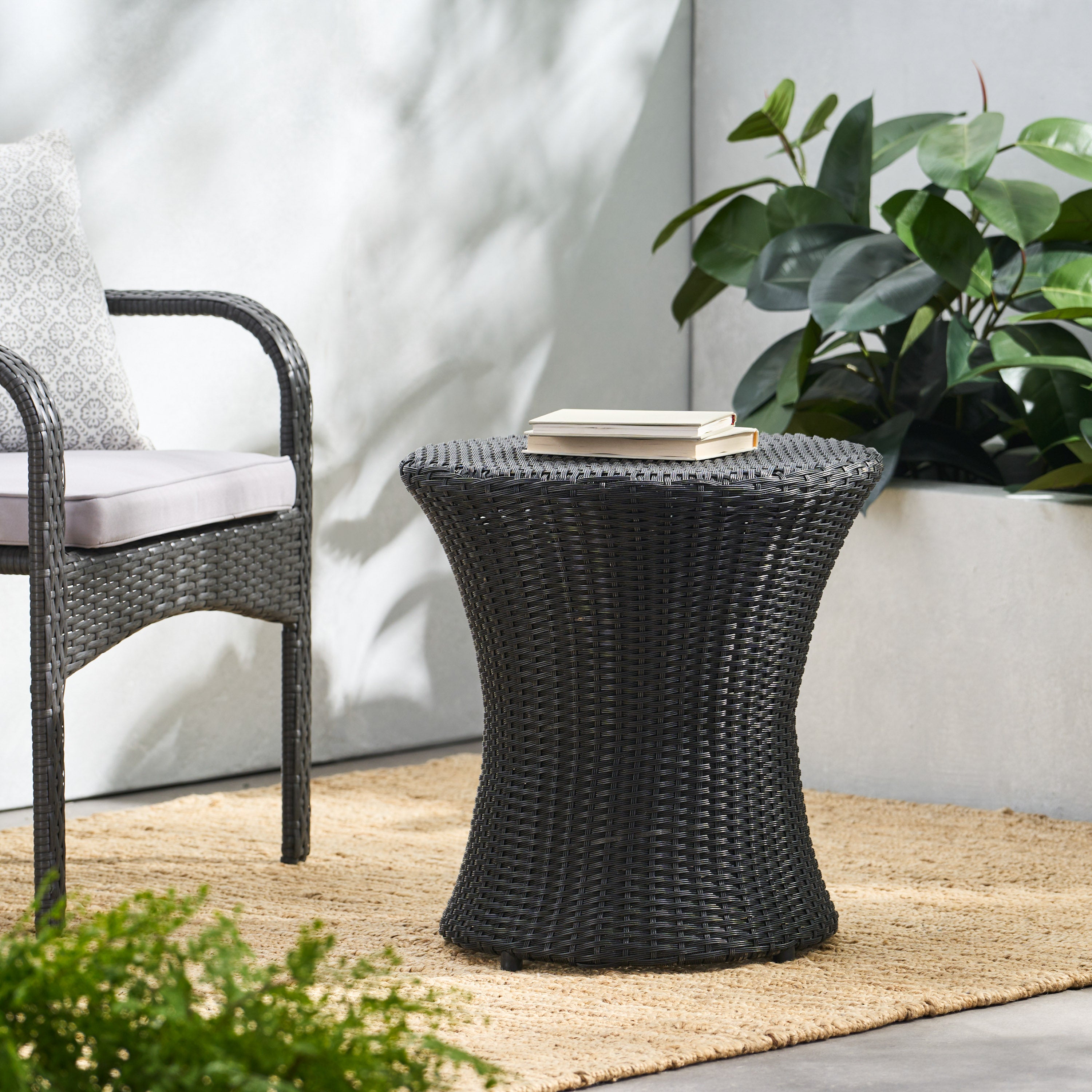 Lorenzo Modern Outdoor Black Wicker Hourglass Side Table