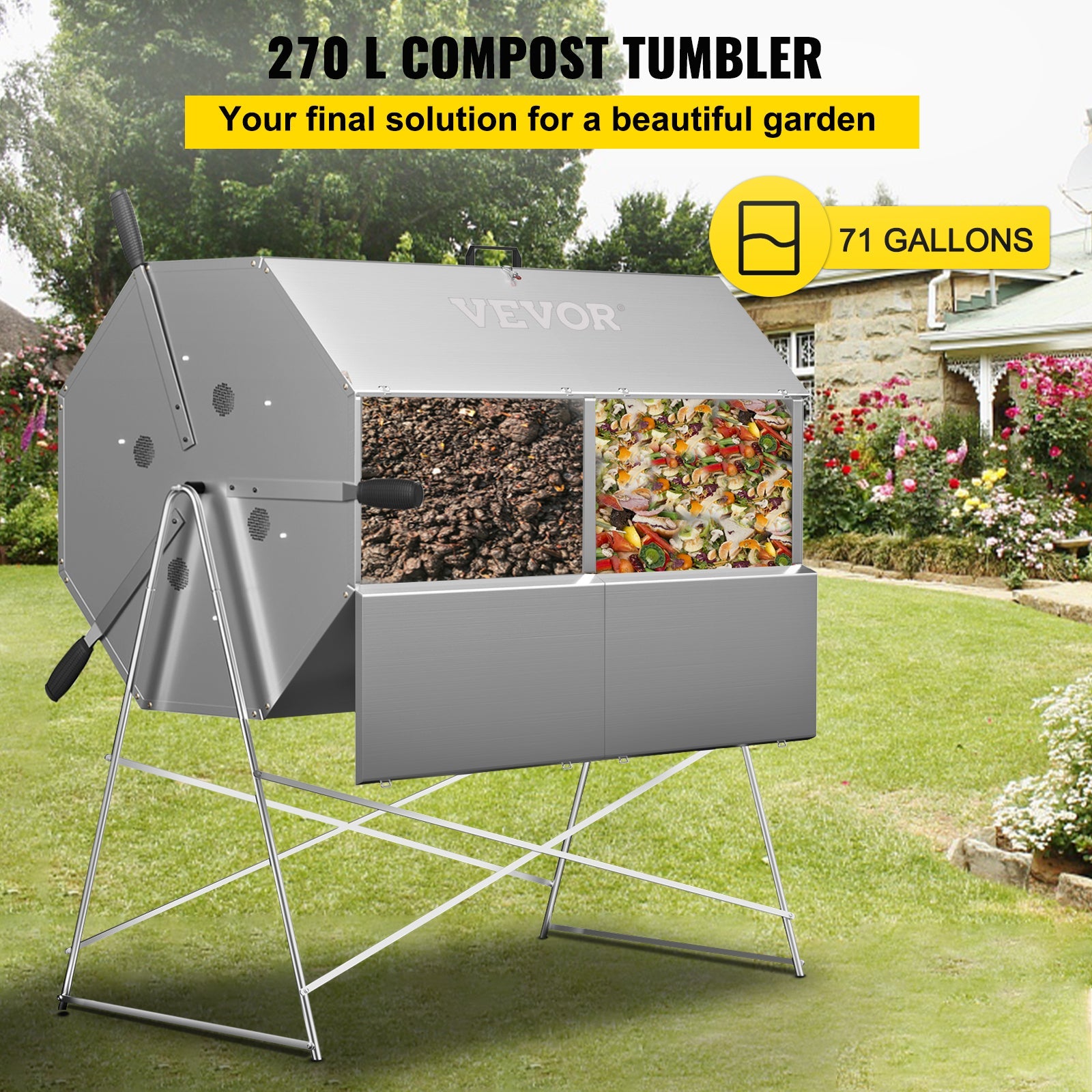 VEVOR Compost Tumbler, 71 US Gallons, Rustproof Stainless Steel Dual-chamber Garden Composter, Heavy-duty, All-season Outdoor Compost Bin, Fast-working System for Composting Kitchen ＆ Yard Waste