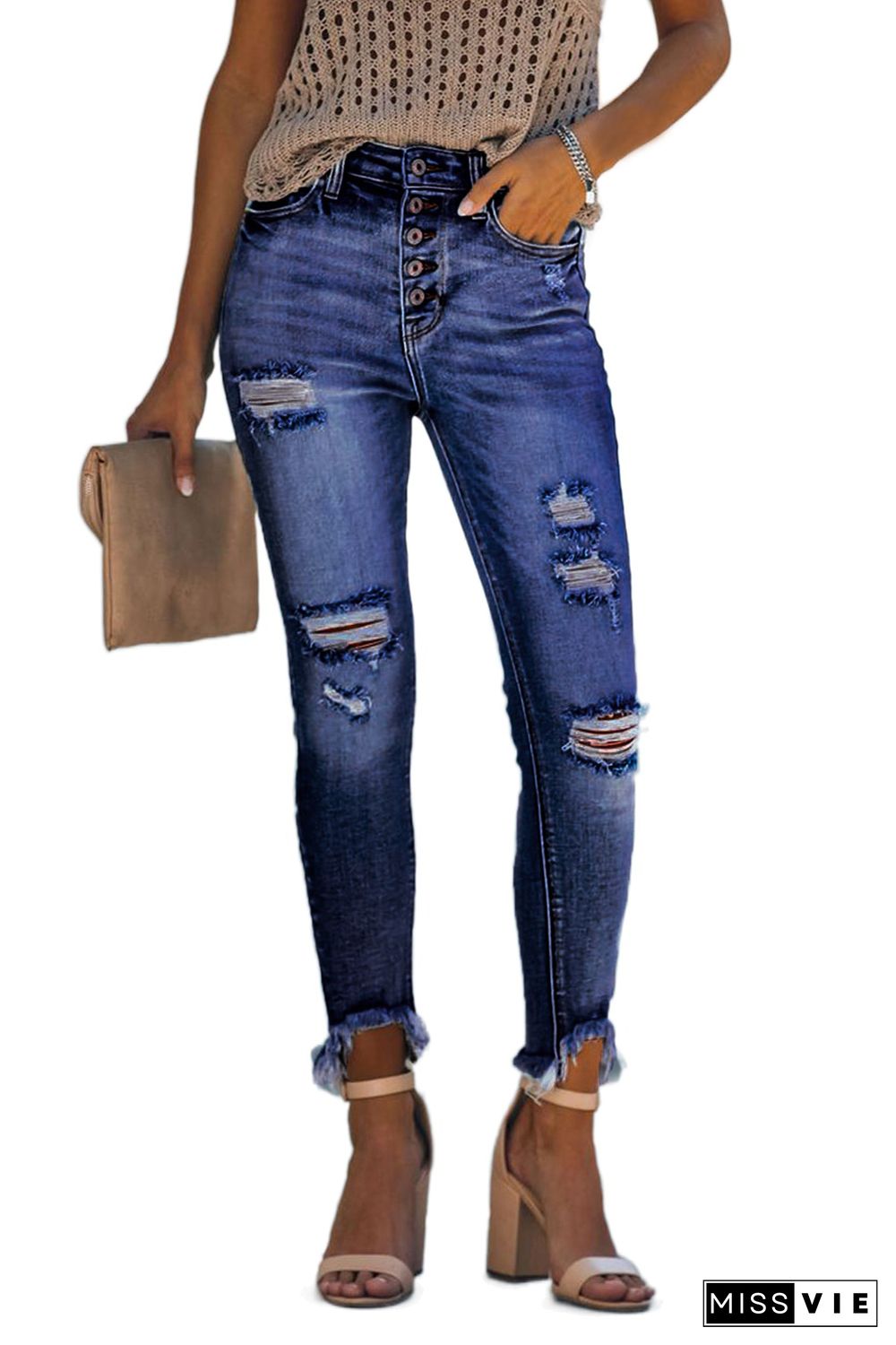 Blue High Rise Button Front Frayed Ankle Skinny Jeans