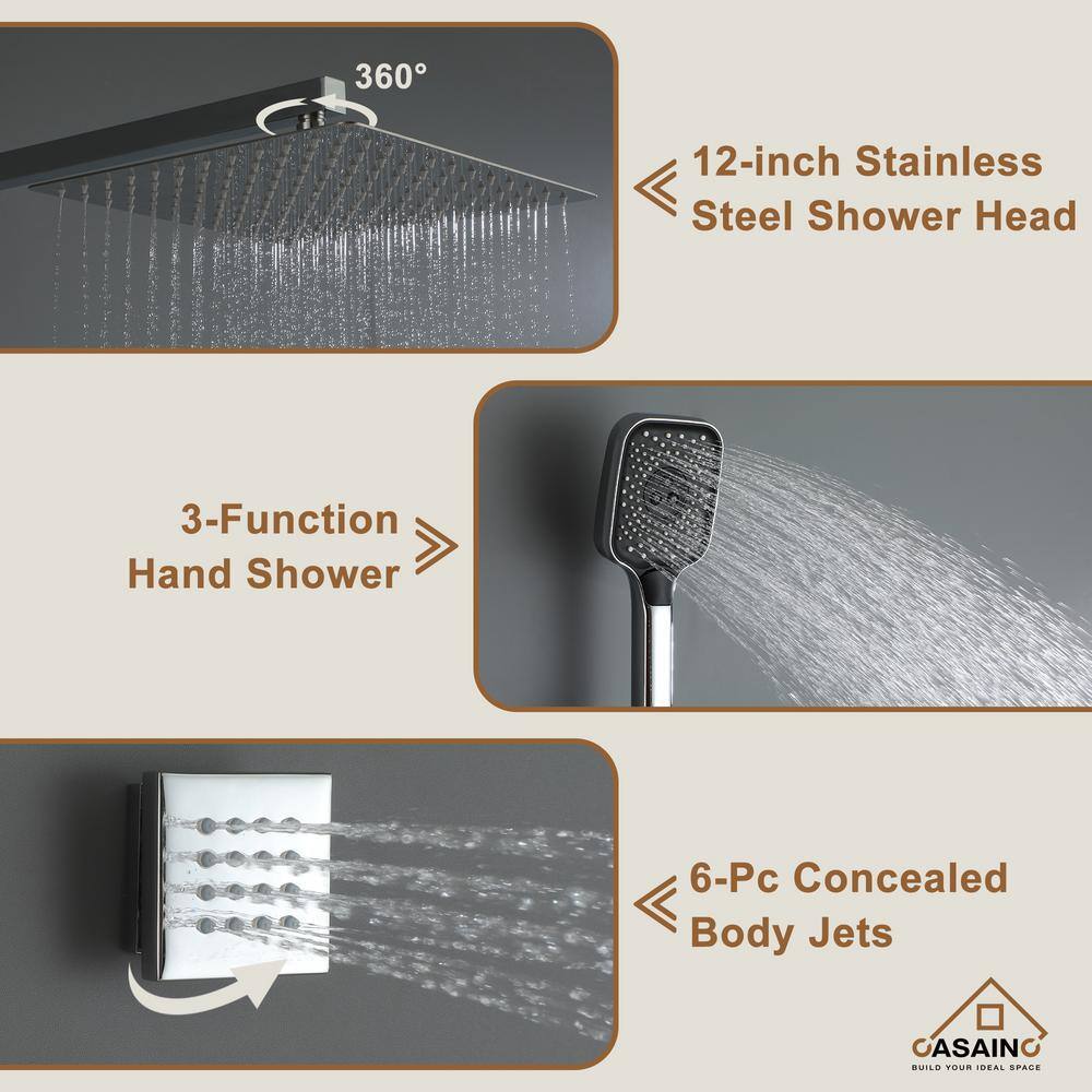 CASAINC 6-Spray Thermostatic Dual Shower Heads 12 in. Wall Mount Fixed and Handheld Shower Head 2.5 GPM with 6-Jets in Chrome CS6219-12CH