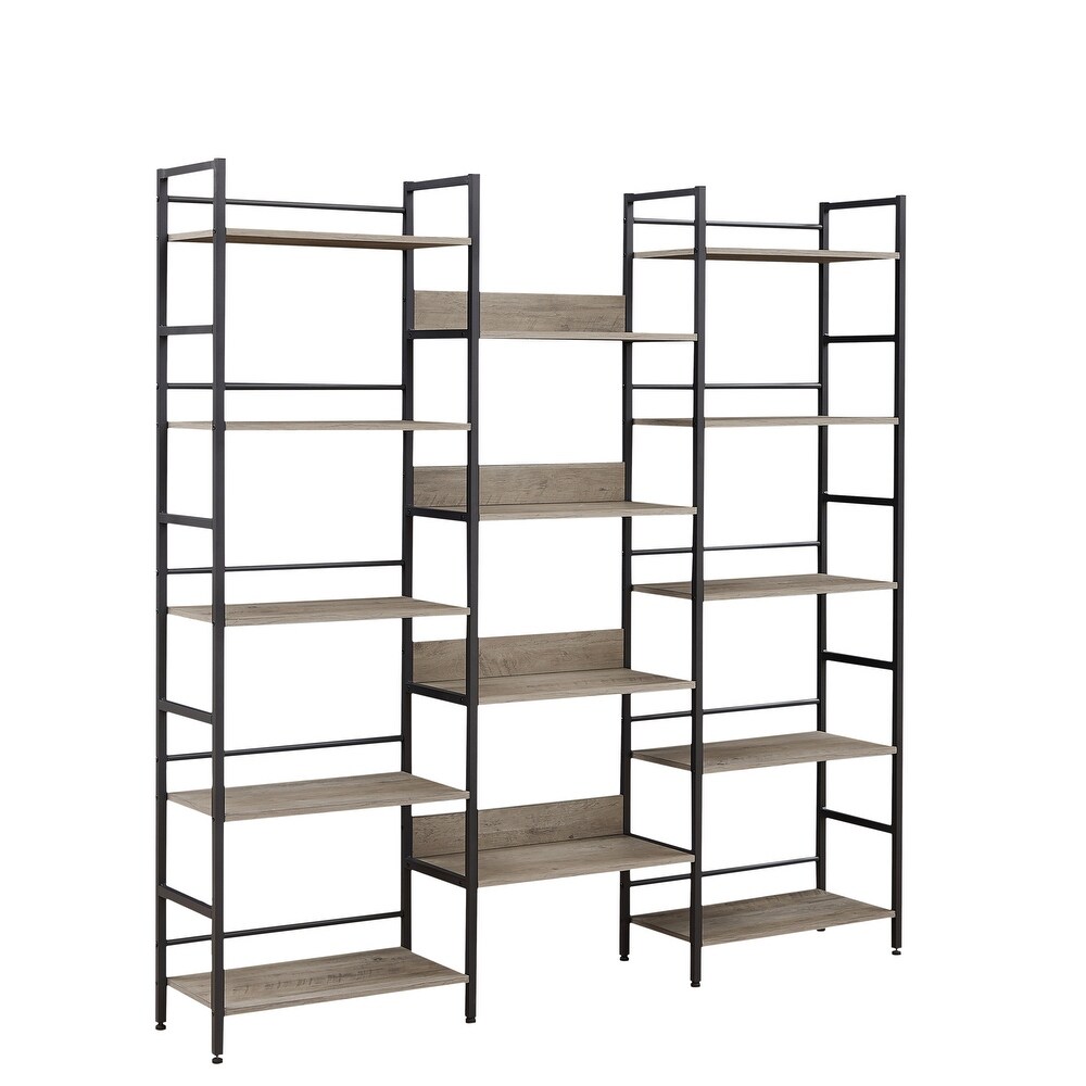 Triple Wide 5 shelf Bookshelves Industrial Retro Wooden Style Home and Office Large Open Bookshelves