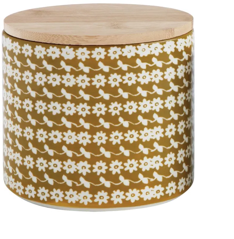 Gold Stoneware Canister With Bamboo Lid And Flower Pattern