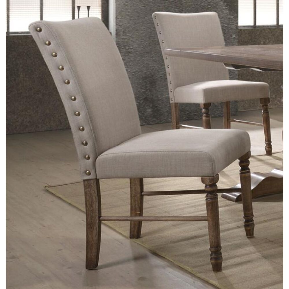 Leventis Side Chair (Set-2) in Cream Linen and Weathered Oak， Padded Seat and Back