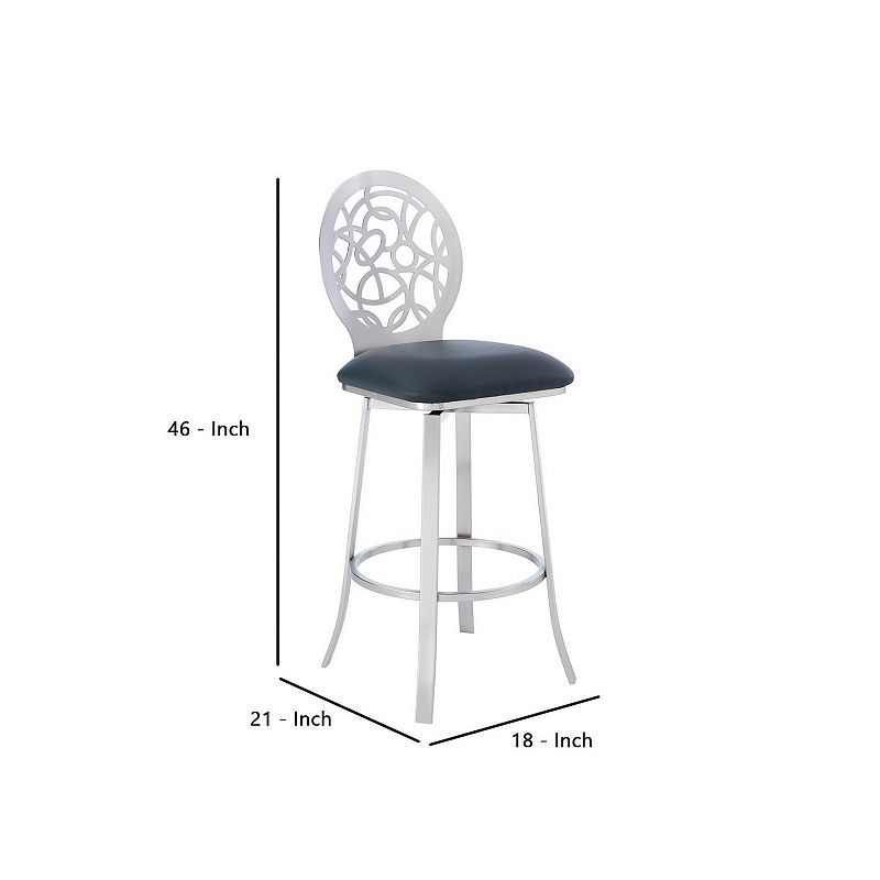 30 Inches Leatherette Barstool with Geometric Backrest， Silver