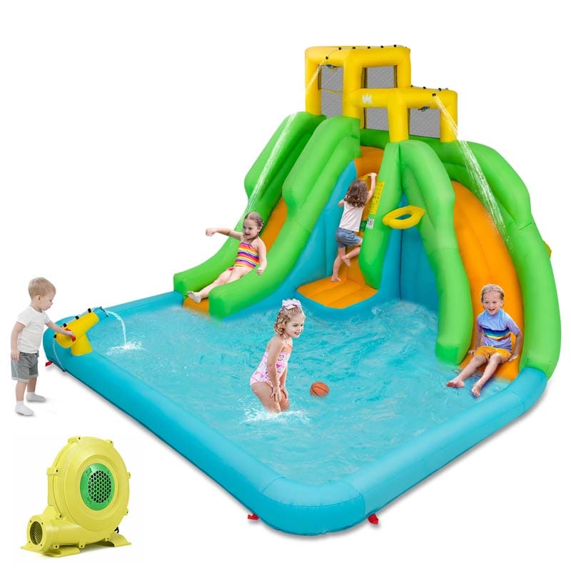 6-in-1 Kids Inflatable Bounce House Dual Slides Water Park with Climbing Wall, Splash Pool, Water Cannon, Air Blower