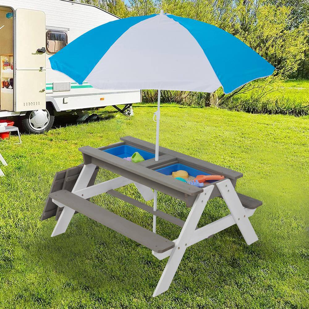 Tunearary 3 in 1 Gray Outdoor Children's Wooden Picnic Table with Umbrella Convertible to Sand and Water Table D469PYX-H4