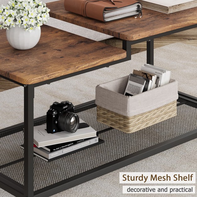 Trinity Coffee Table Industrial Living Room Table 2 tier Rustic Center Table With Mesh Shelf Brown