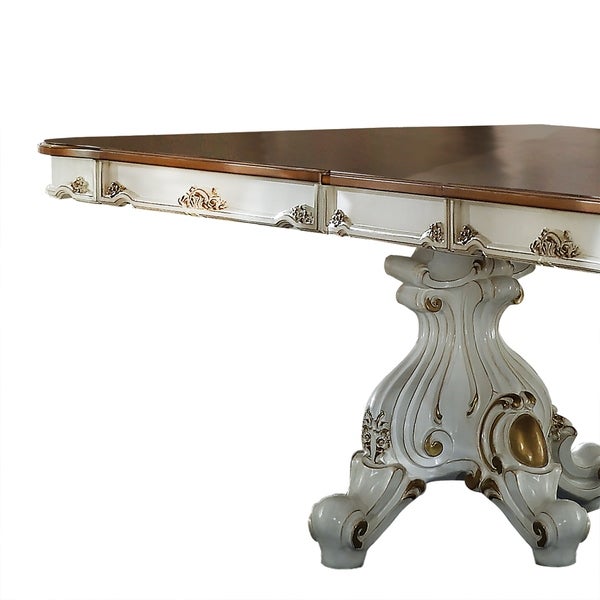 Wooden Top Dining Table with Double Pedestal Feet， Antique Pearl and Cherry Oak