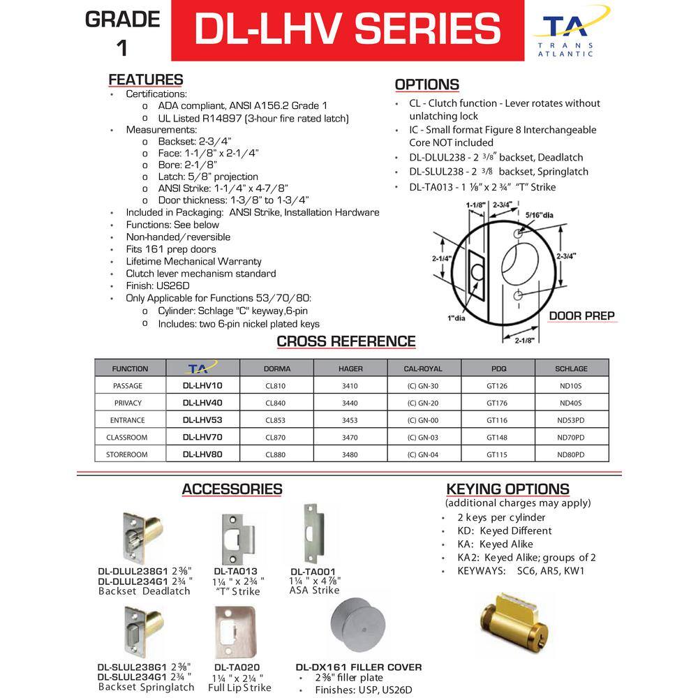 Taco Heavy Duty Brushed Chrome Grade 1 Commercial Cylindrical Storeroom Door Handle with Lock DL-LHV80-US26D