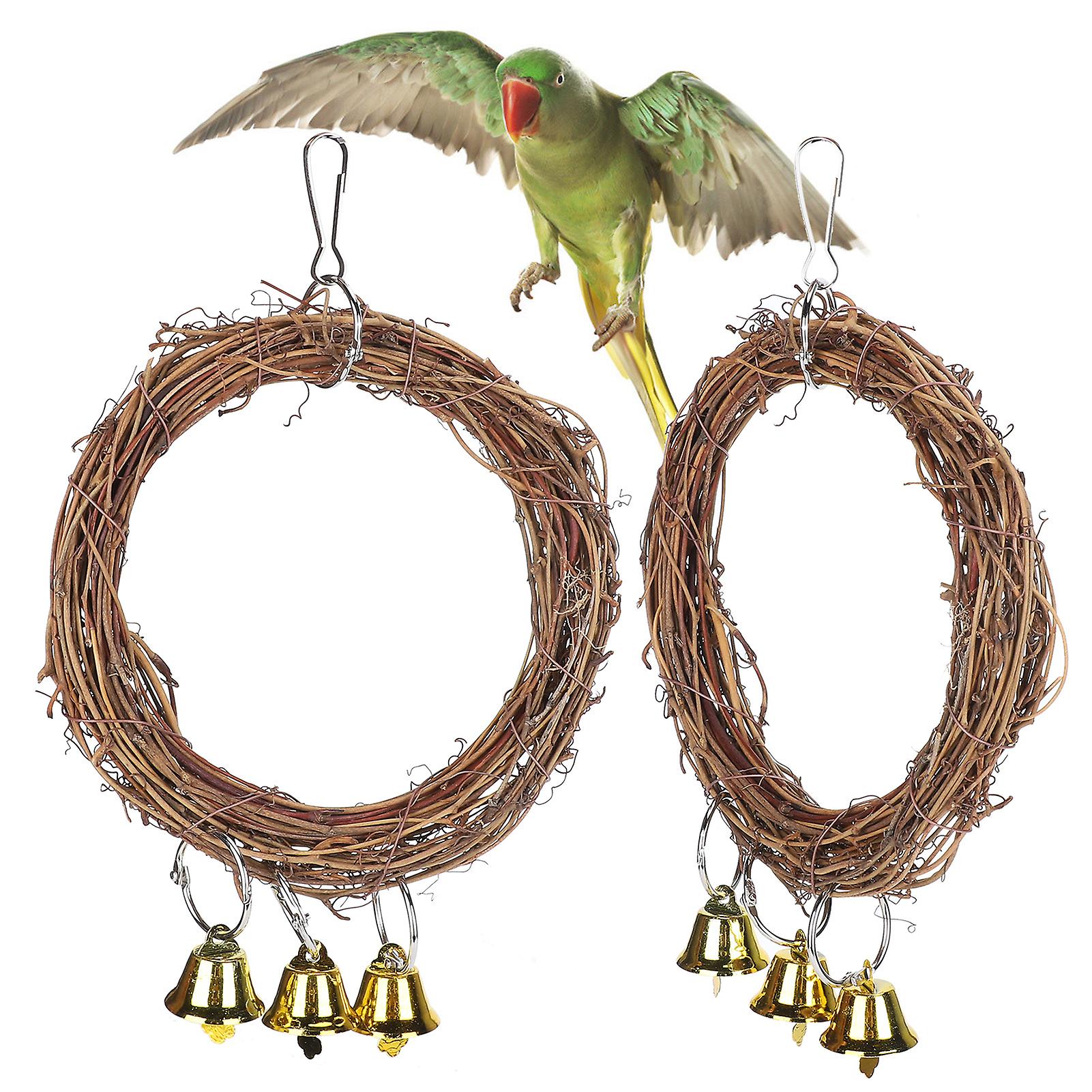 2pcs Parrots Swing With Bells Natural Rattan Hanging Chewing Biting Toys Birds Supplies