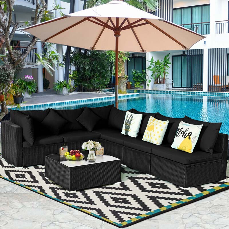 7 Pcs Rattan Patio Furniture Sectional Sofa Set Outdoor Wicker Conversation Set with Back & Seat Cushions Pillows