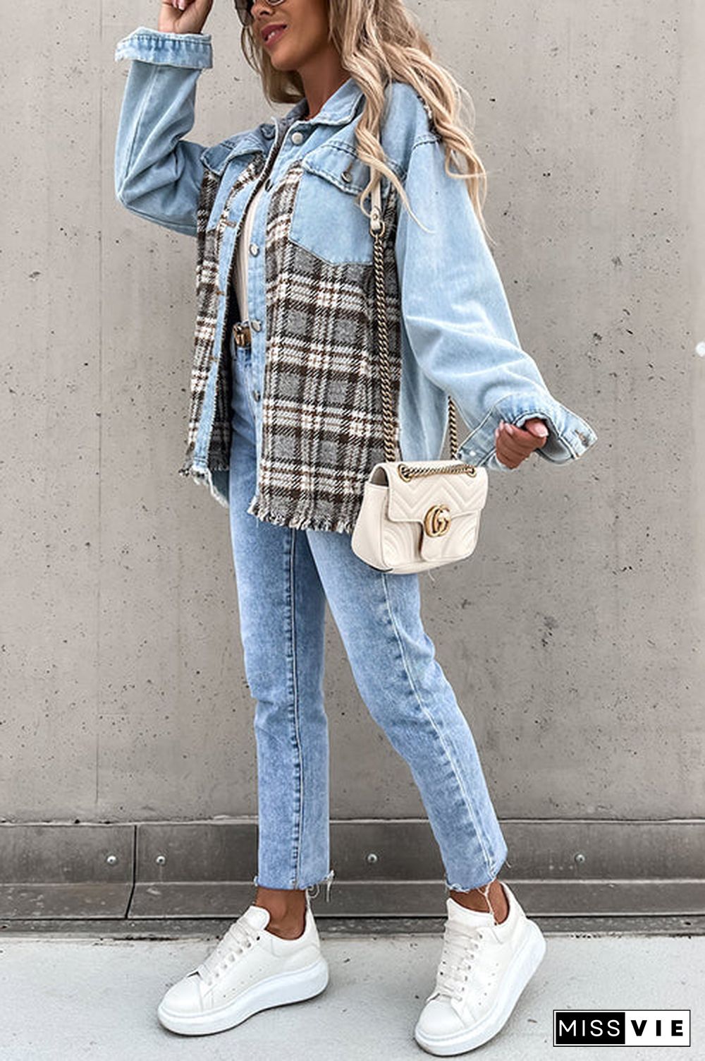 Checked Patchwork Pockets Denim Jacket