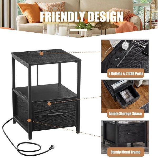 Industrial 3-Piece Vintage Brown Bed Frame and Charging Station USB Port Nightstands Set of 2 - - 36685886