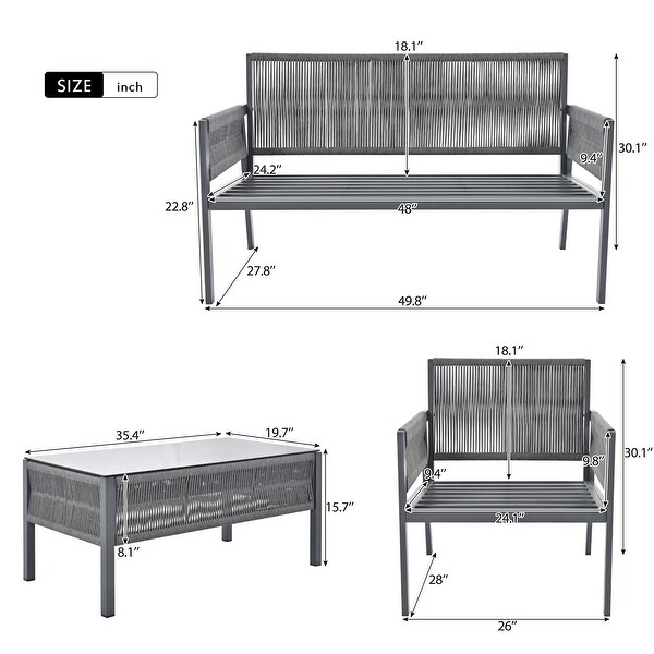 4Pieces Rope Outdoor Furniture Set with Glass Table