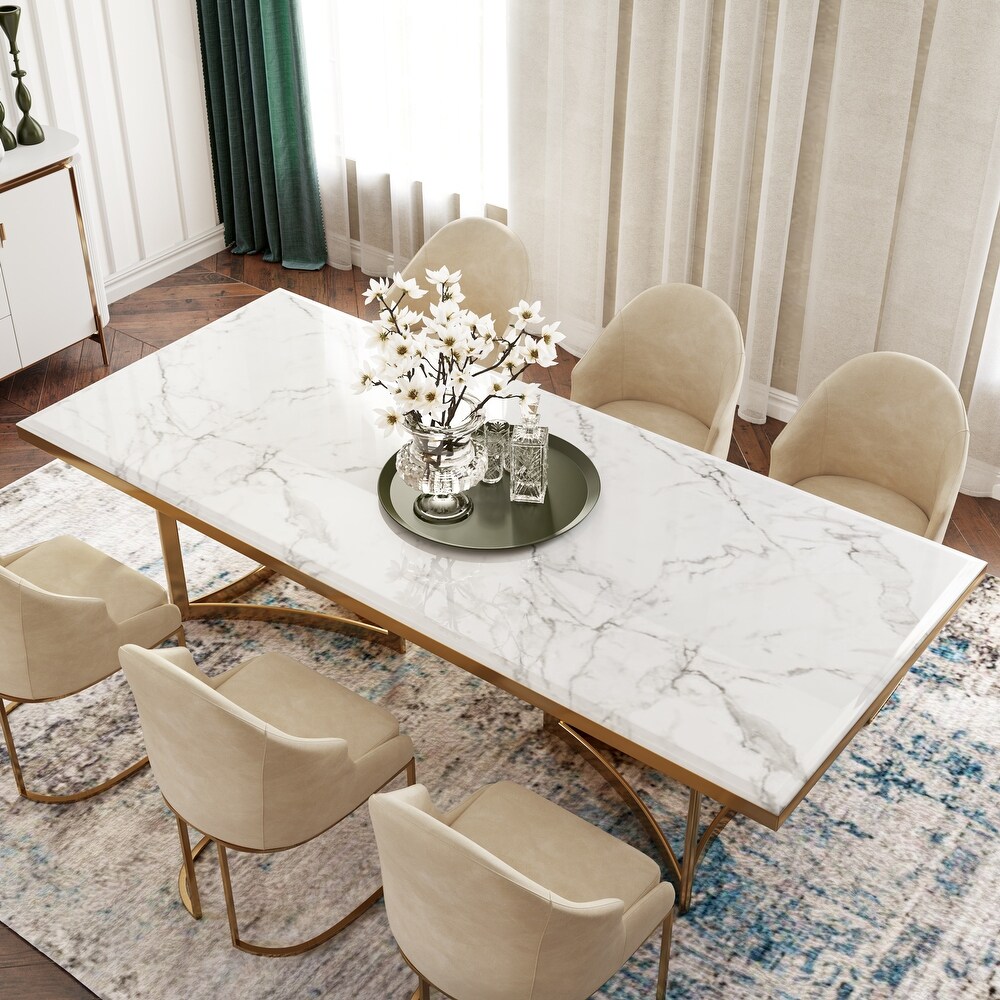 Modern Marble Dining Table with Rectangular Tabletop Carbon Steel Legs  for Kitchen and Dining Room