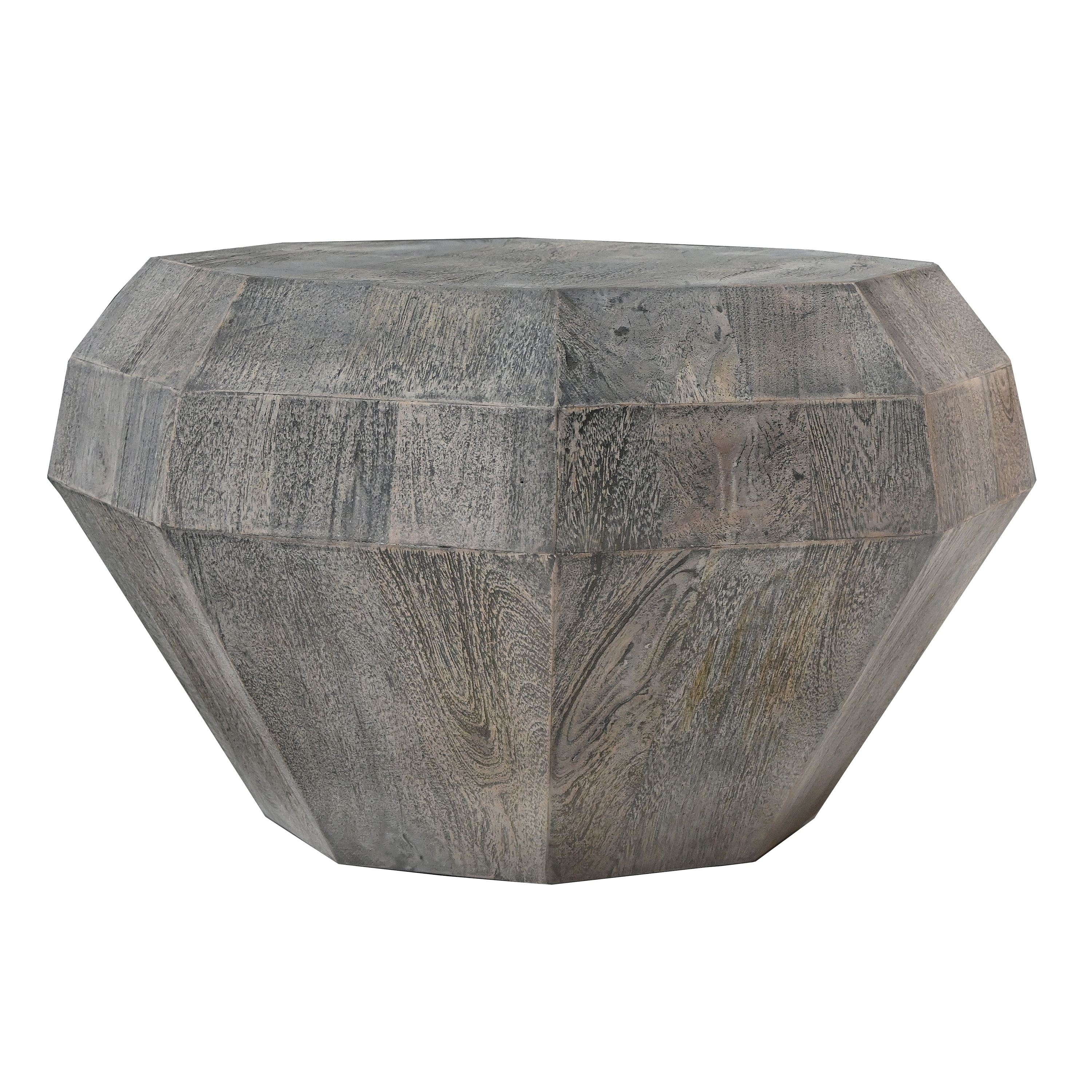 30 Inch Modern Art Coffee Table， 3D Diamond Shape， Solid Mango Wood Weathered Gray