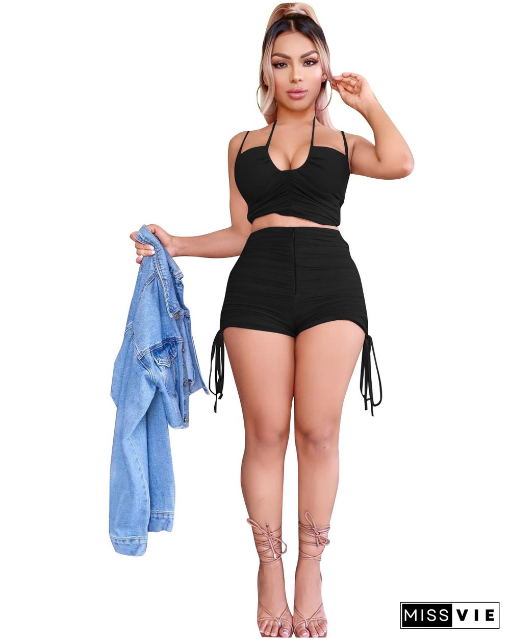 Women Halter Drawstring Crop Tops Shorts Bodycon Two Piece Set