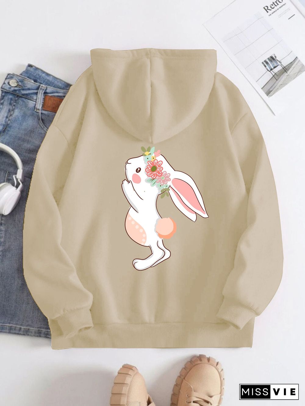 Printed on the Back Kangaroo Pocket Hoodie Long Sleeve for Women Pattern Rabbit Wearing Flowers