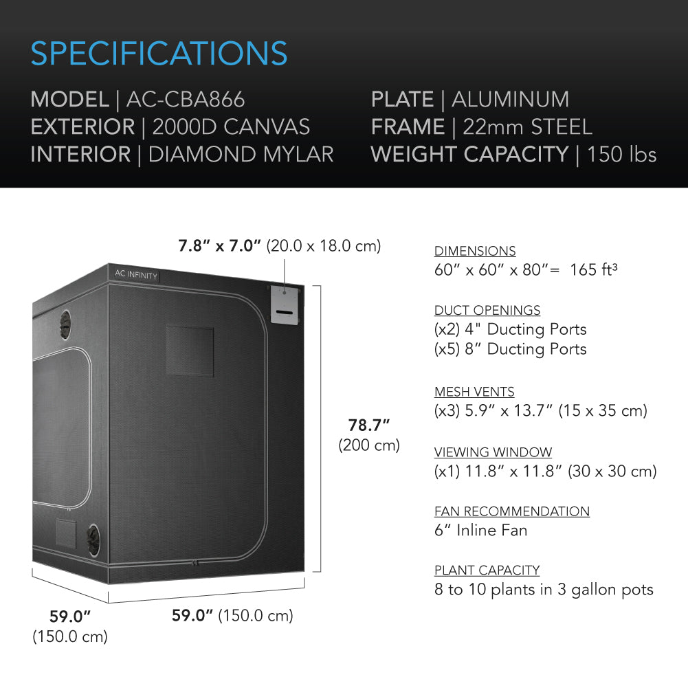 AC Infinity CLOUDLAB 866 Advance Grow Tent， 5x5 with Thicker 1 in. Poles， Higher Density 2000D Mylar Canvas， Controller Mount for Hydroponics Indoor Growing， 60” x 60” x 80”