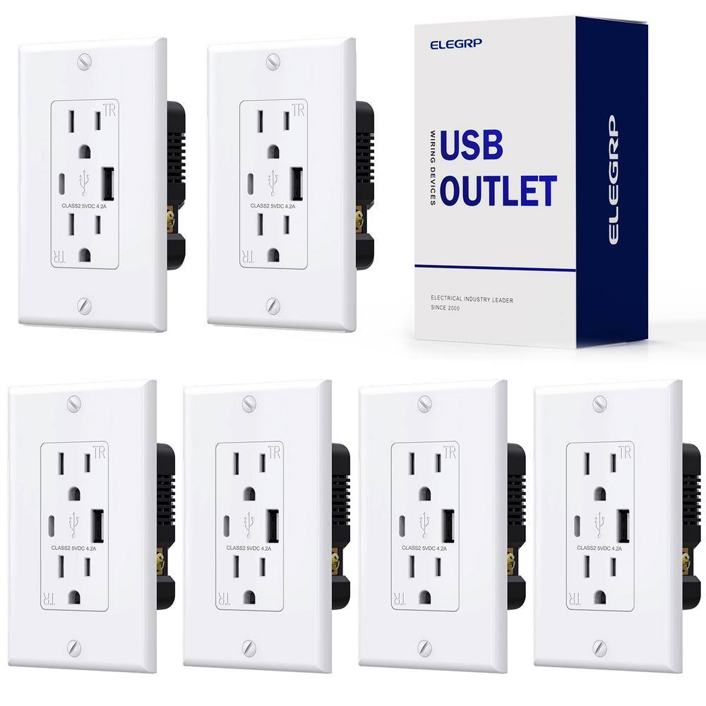 ELEGRP 4.2 Amp Type A  Type C USB Charger Wall Outlet 15 Amp Duplex Tamper Resistant Outlet with Wall Plate White（6 Pack） ER16142AC-0106S