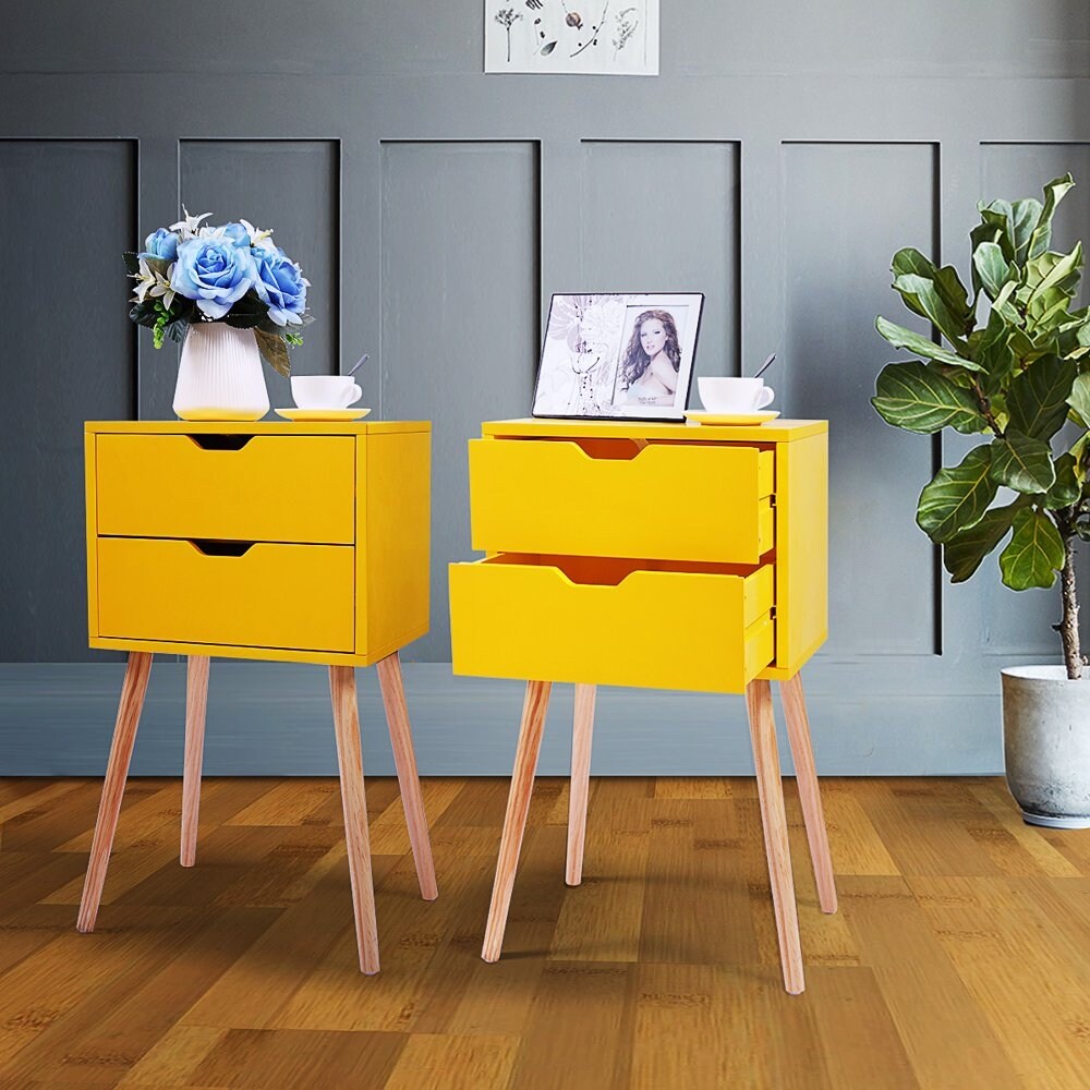 2 Pieces Nightstand with 2 Drawers， Bedroom Accent Side Table， End Table Storage Wood Cabinet， Yellow - - 38045475