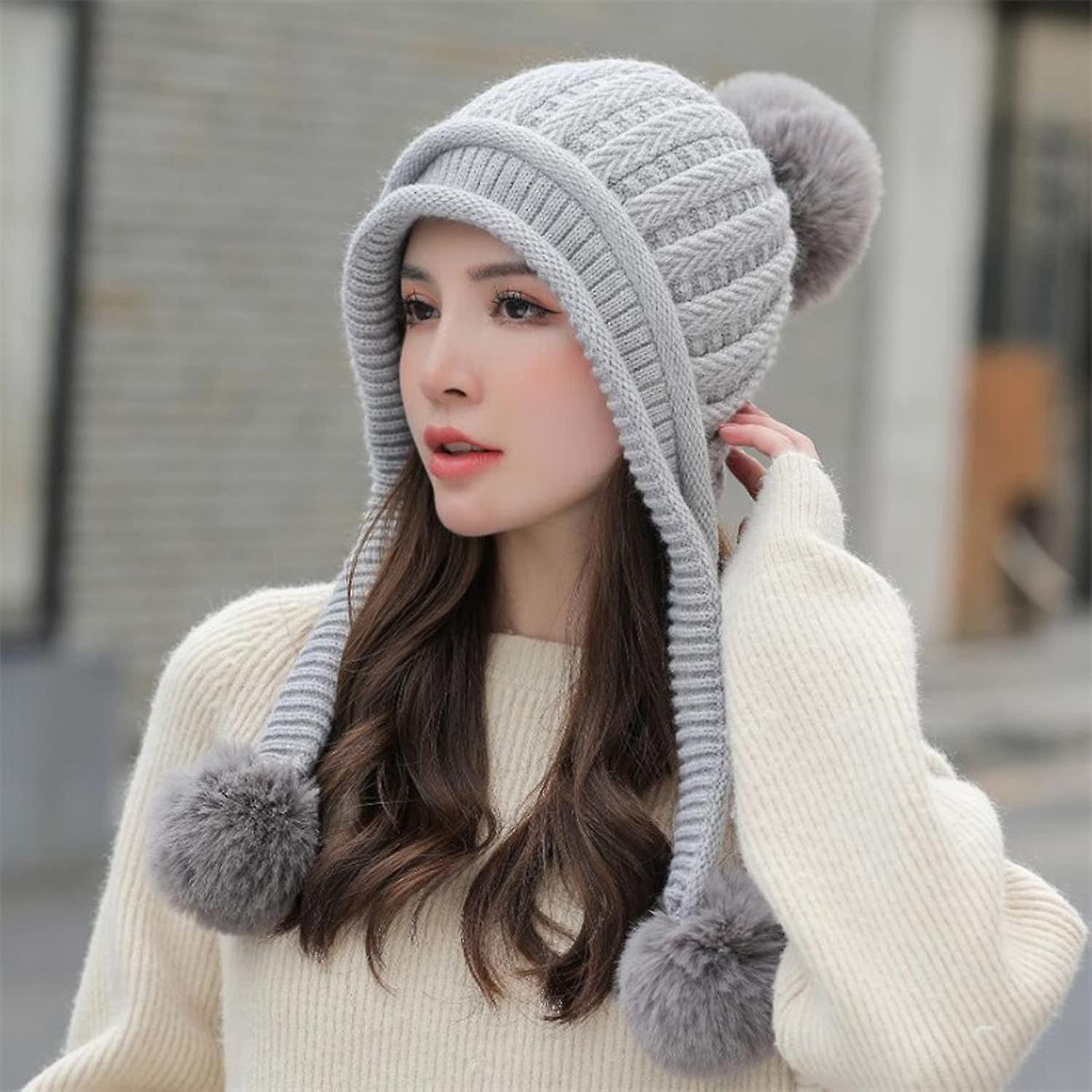 Women Winter Beanie Hat Peruvian Circle Scarf Set Ski Ear Flaps Caps Dual Layered Fleece Lined Pompoms E1925-gray -