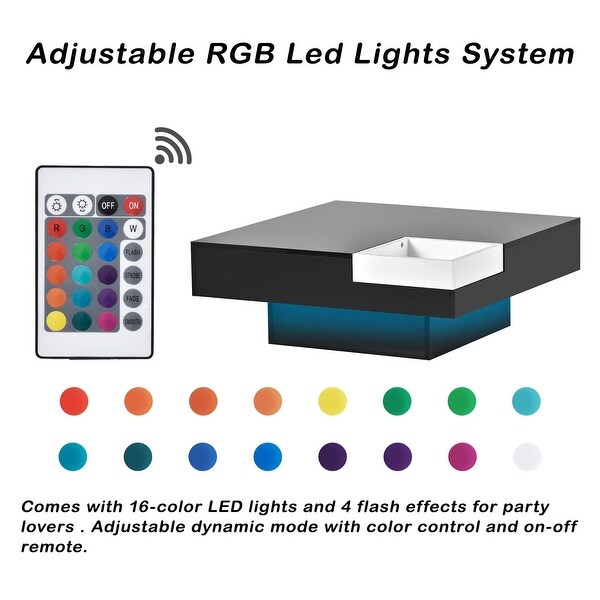 Square Coffee Table with Detachable Tray and Plug-in 16-color LED Strip Lights Remote Control Sofa Table for Living Room