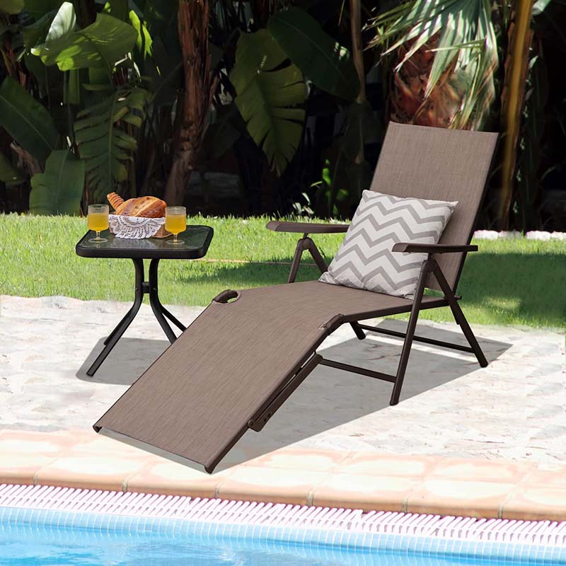 2 Pcs Folding Chaise Lounge Chair with 5-Position Backrest & 2-Position Footrest, Fabric Seat Sun Lounger for Pool Deck Beach